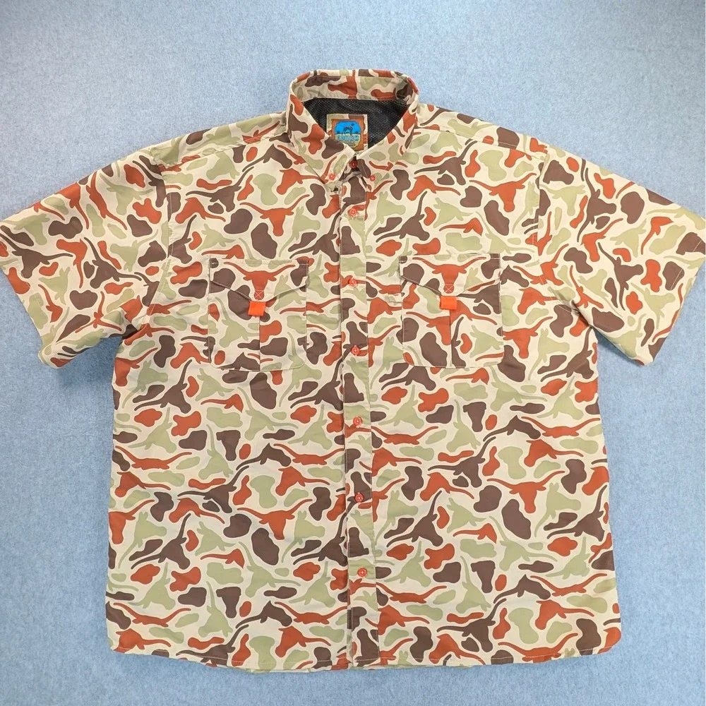 Amigo Provisions Co Mens XXL Camo Texas Longhorn Short Sleeve Fishing Shirt Camo